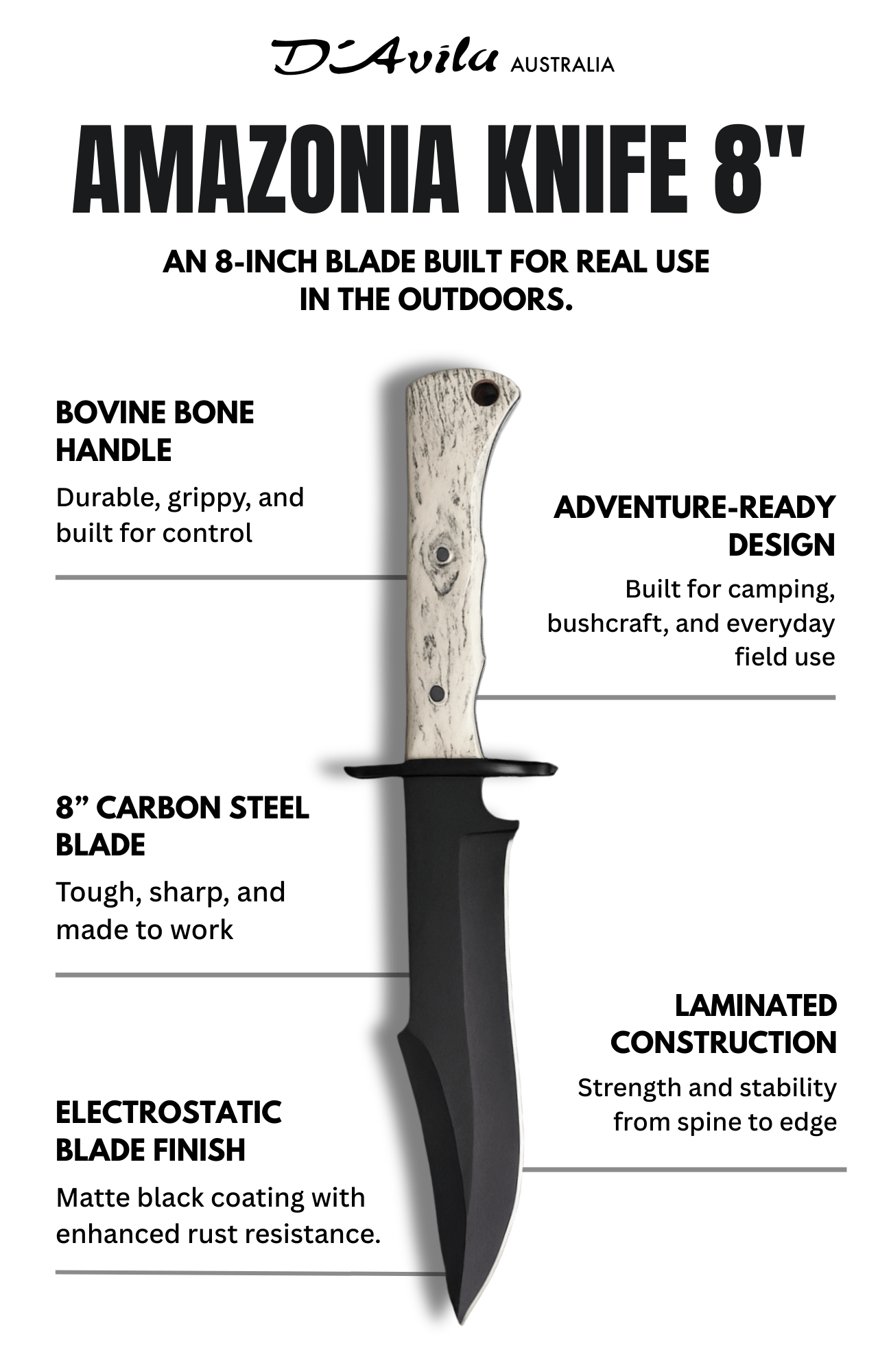 Amazonia Adventure 8" Knife in Carbon Steel 5160, Bovine Bone Handle - D'Avila Knives camping knife by D'Avila Australia