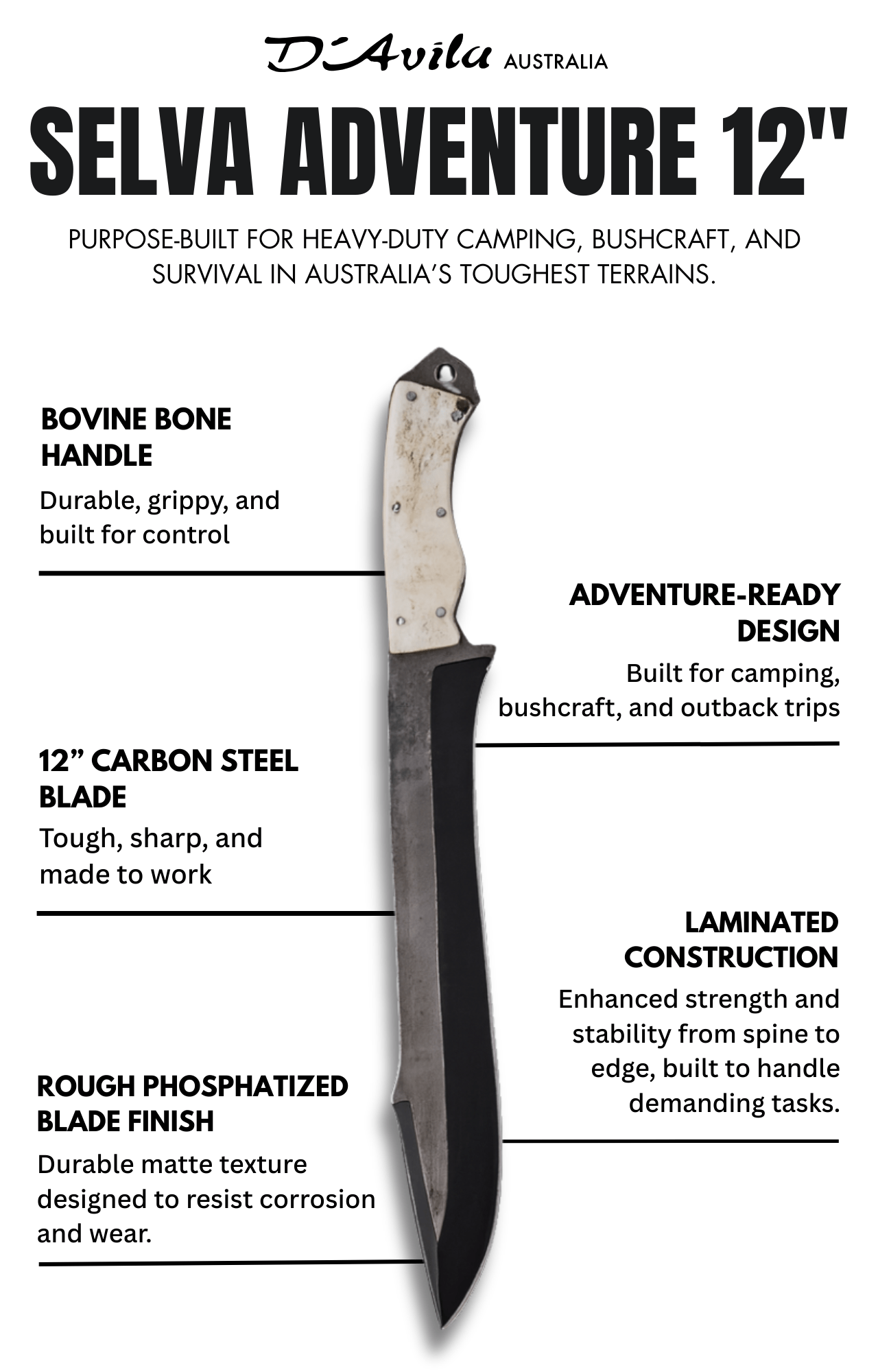 Selva Adventure 12" Knife in Carbon Steel 5160, Bovine Bone Handle - D'Avila Knives camping knife by D'Avila Australia