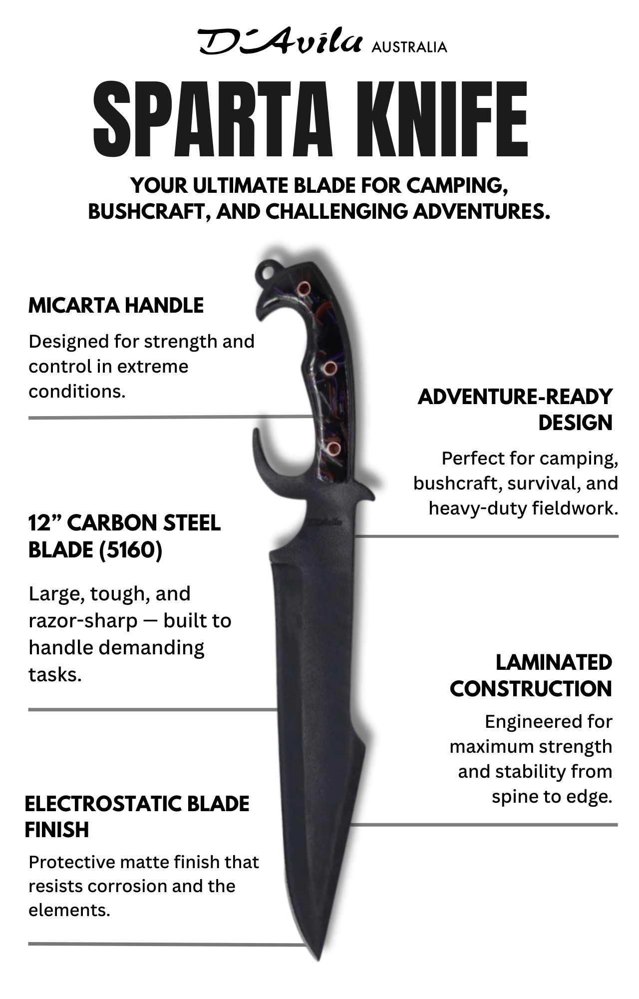 Sparta Adventure 12" Knife in Carbon Steel 5160, Micarta Handle - D'Avila Knives camping knife by D'Avila Australia