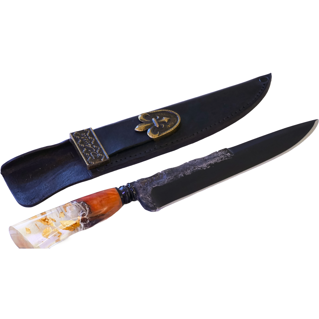 D'Avila Barbecue 8" Knife in Carbon Steel 5160, Hybrid Handle in Resin With Gold Leaves - D'Avila Knives