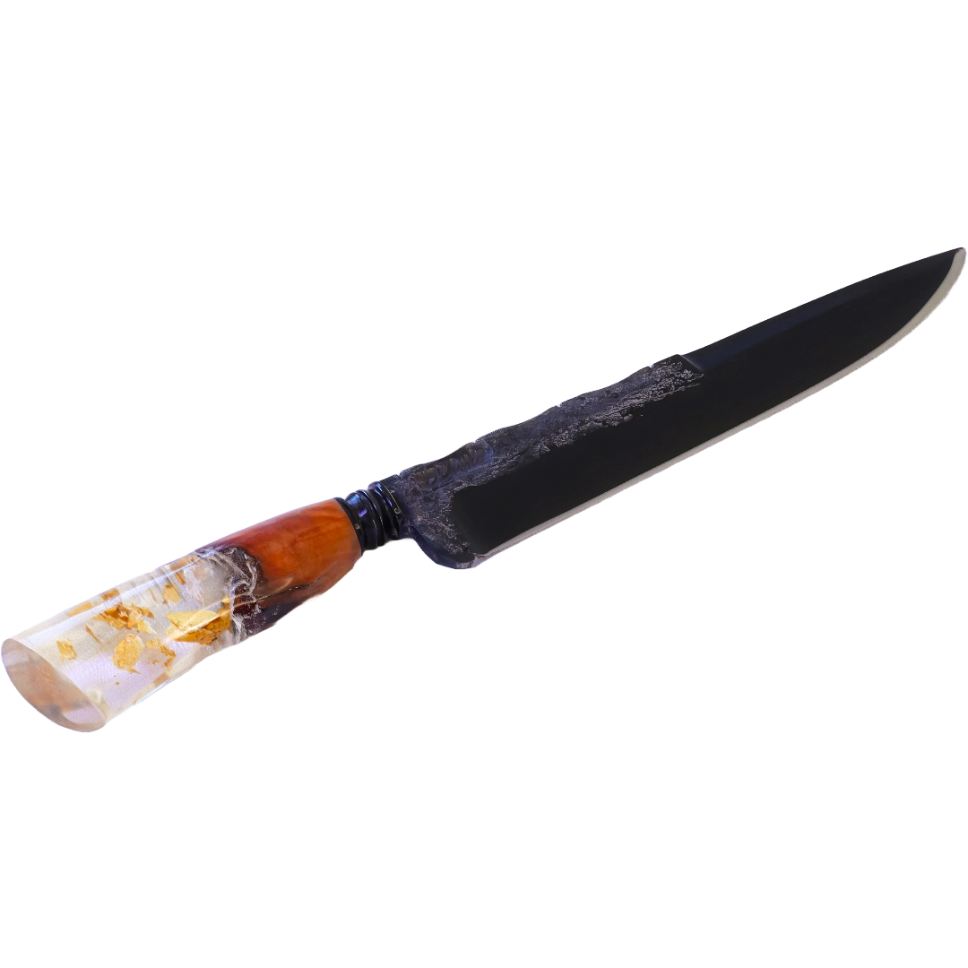 D'Avila Barbecue 8" Knife in Carbon Steel 5160, Hybrid Handle in Resin With Gold Leaves - D'Avila Knives