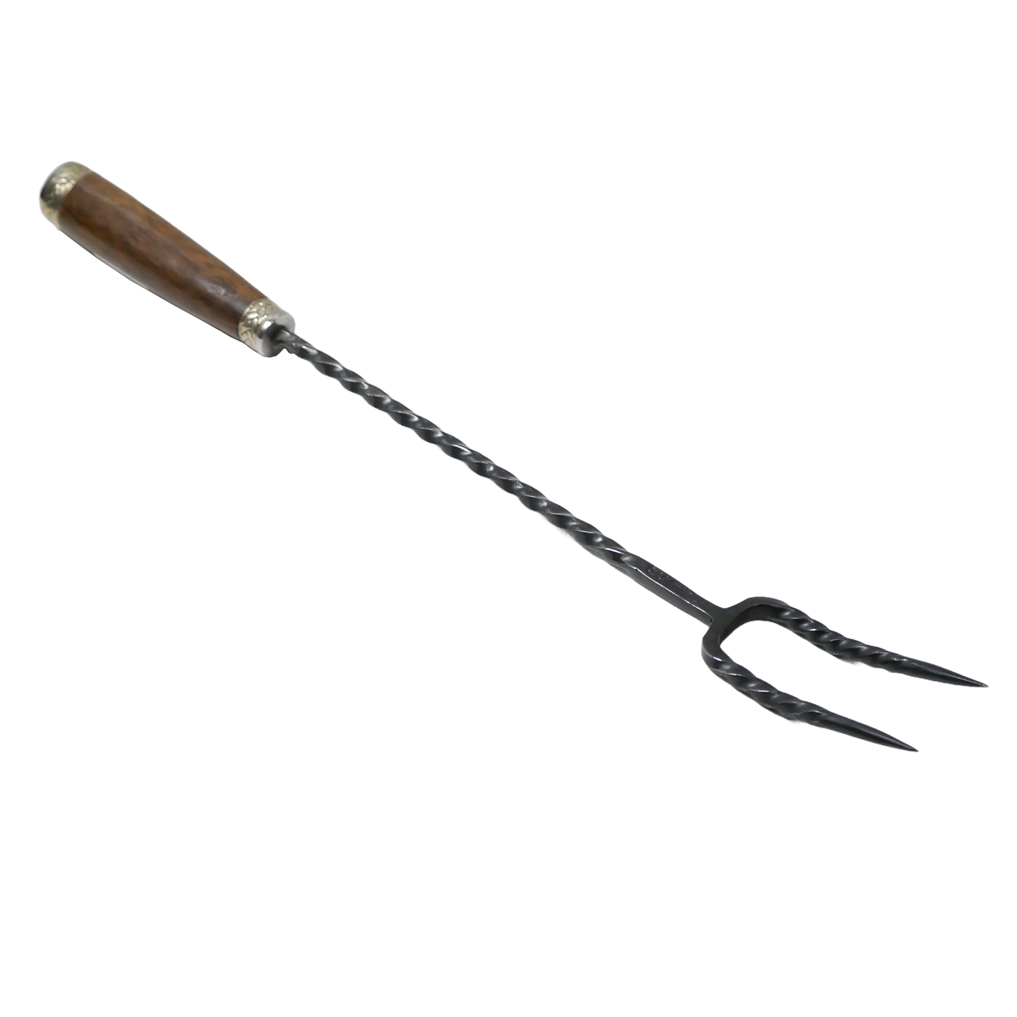 D'Avila Accessories 12" Rustic Fork in Carbon Steel 1020, Turned Wooden Handle with Nickel Silver Details - Phosphated Finish