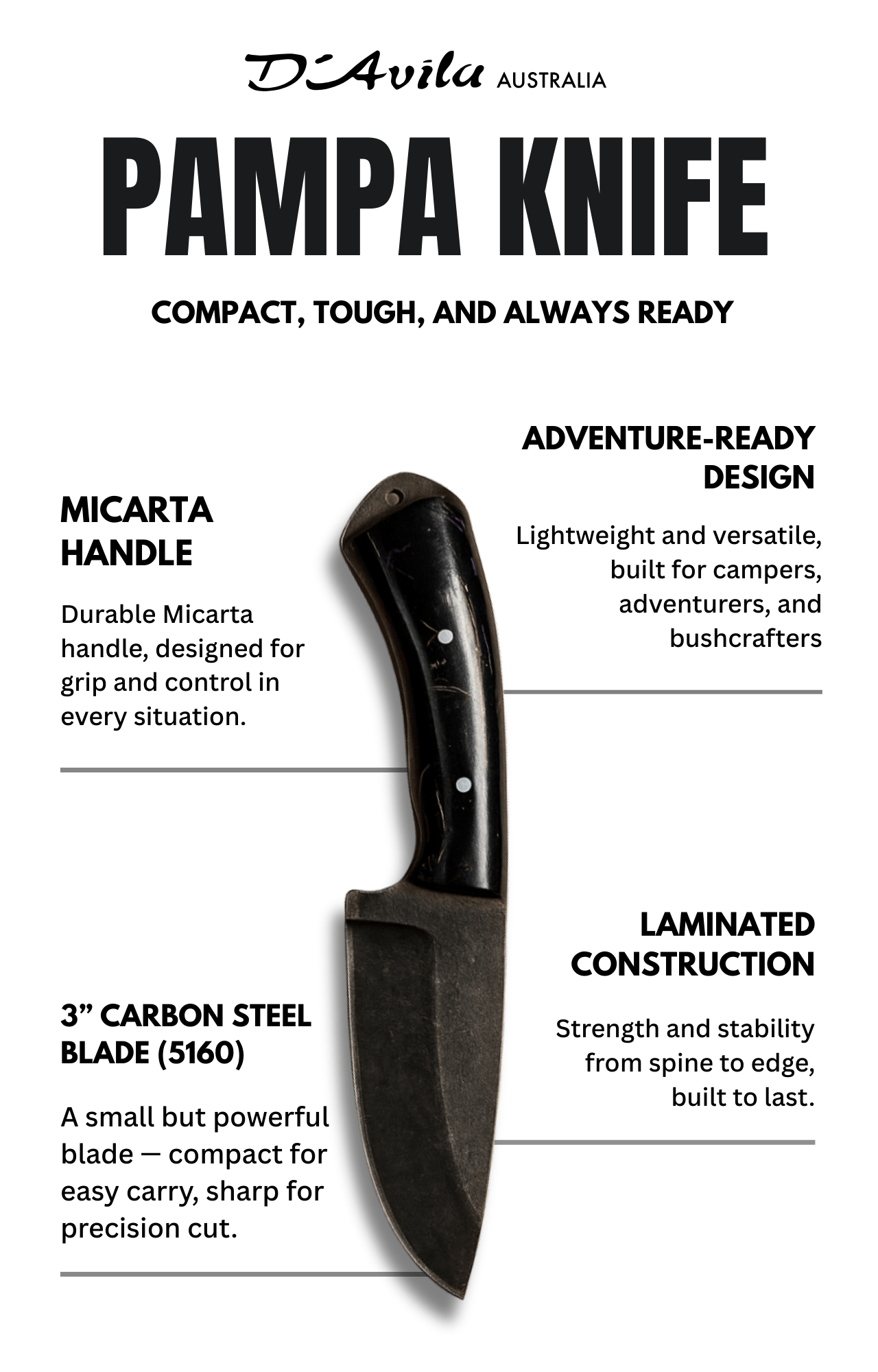 Pampa Adventure 3" Knife in Carbon Steel 5160, Micarta Handle - D'Avila Knives camping knife by D'Avila Australia