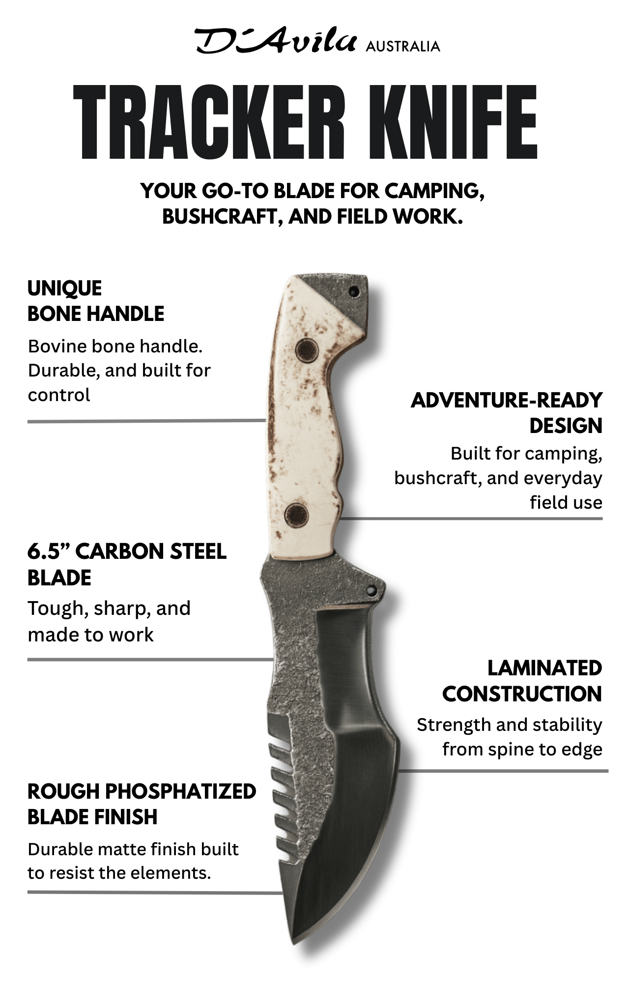 Tracker Adventure 6.5" Knife in Carbon Steel 5160, Bovine Bone Handle - D'Avila Knives camping knife by D'Avila Australia