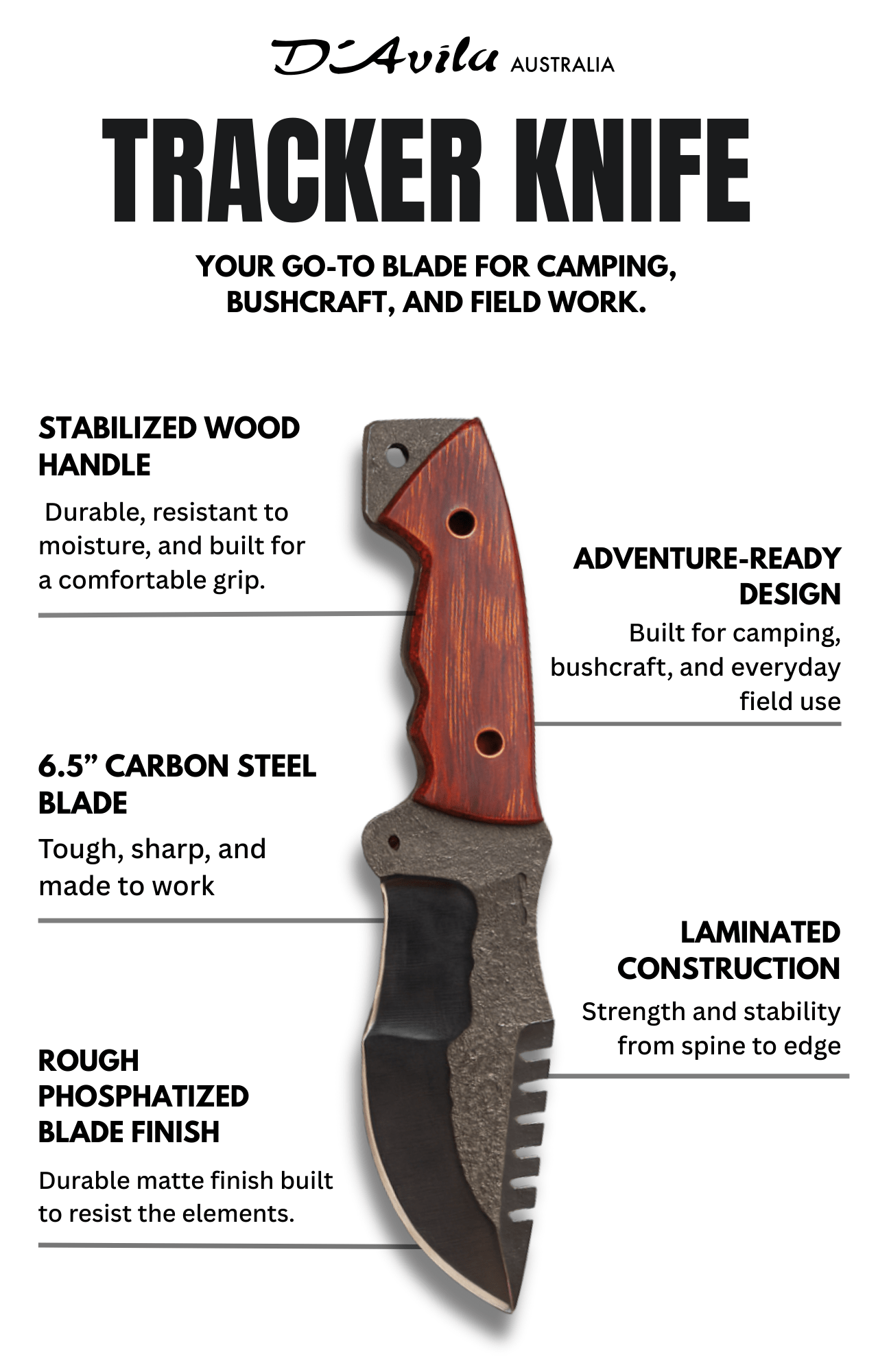 Tracker Adventure 6.5" Knife in Carbon Steel 5160, Stabilized Wood Handle - D'Avila Knives camping knife by D'Avila Australia